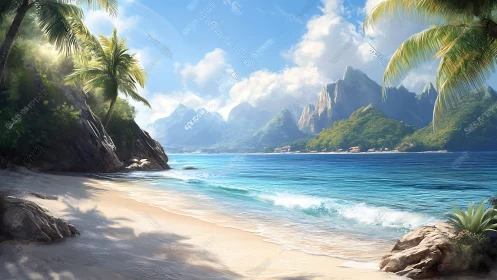 Tropical Island Coastline with Monolithic Basalt Peaks and Luminous Turquoise Waters Rendered in Dig