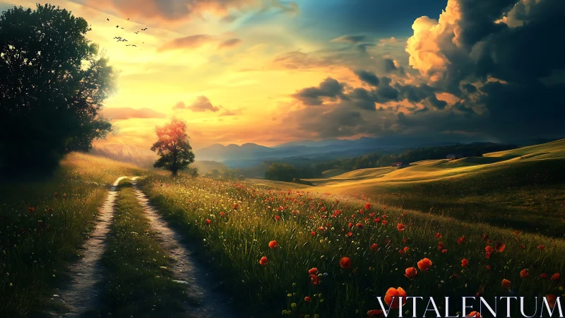 Sunlit country path slips into a storm-painting horizon