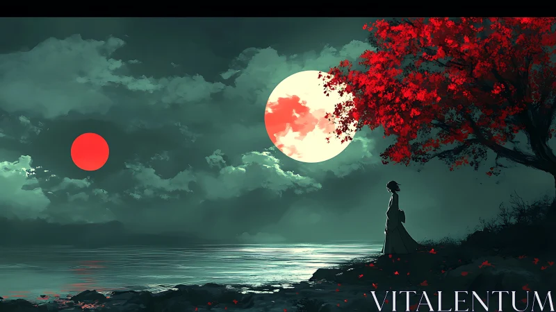 Moonlit shore under twin suns and a crimson dreaming tree.