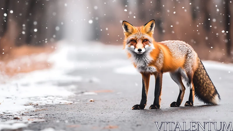 Red fox stands on winter road under drifting snowfall.