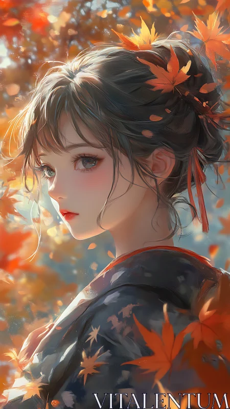 Autumn kimono maiden amid glowing maple leaves portrait.