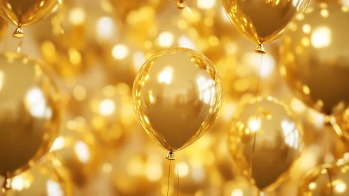 Ethereal Golden Balloons Floating in Luminous Celebration Scene
