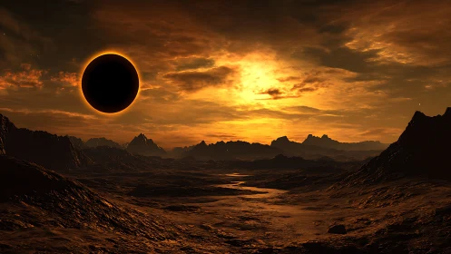 Alien desert under fiery eclipse sky at dusk.
