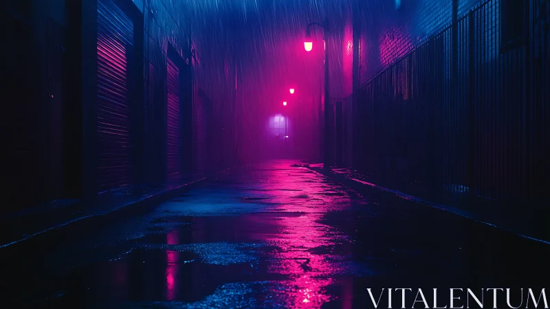Neon alleyway glows under rain with vivid magenta reflections.