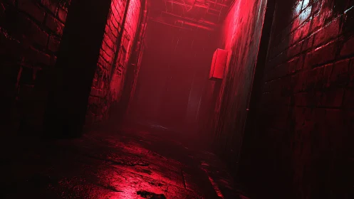 Moody neon alleyway glows with intense red night light