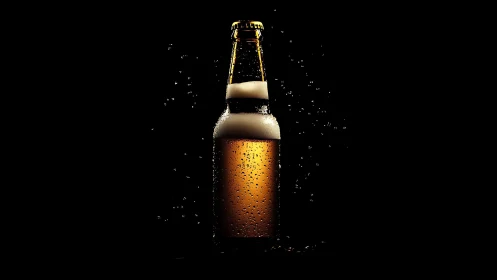 Backlit amber beer bottle with condensation and foam head