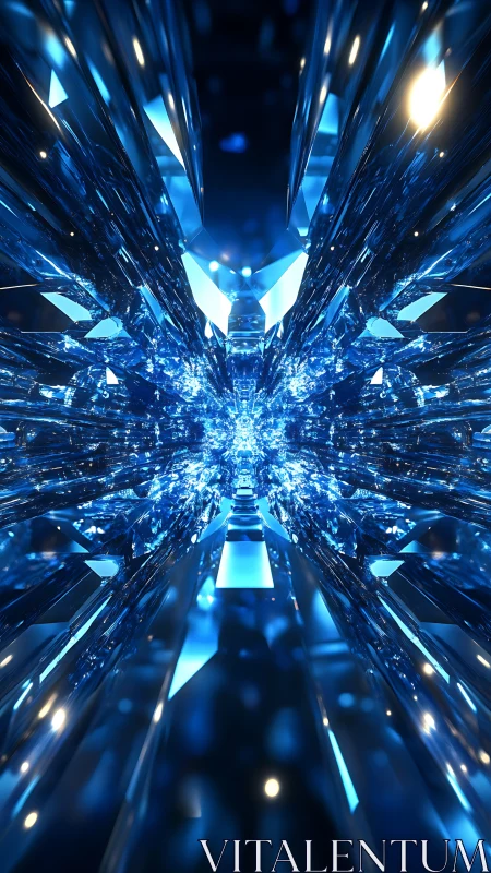 Symmetric blue crystal tunnel with radial refractive light bloom