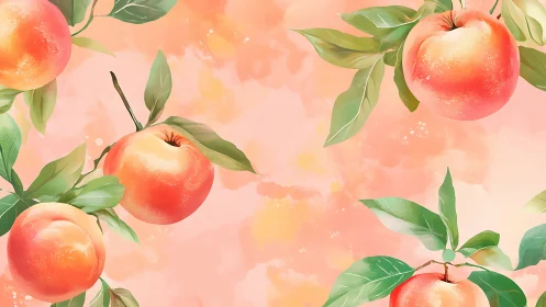 Watercolor peach branches on soft pastel background.