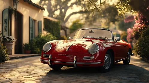 Red classic convertible parked on a sunlit cobblestone lane