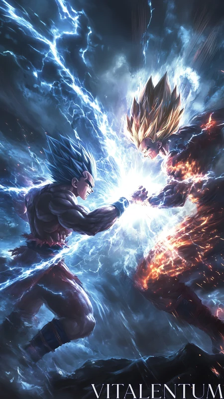 Energy clash between two opposing anime warriors in storm.