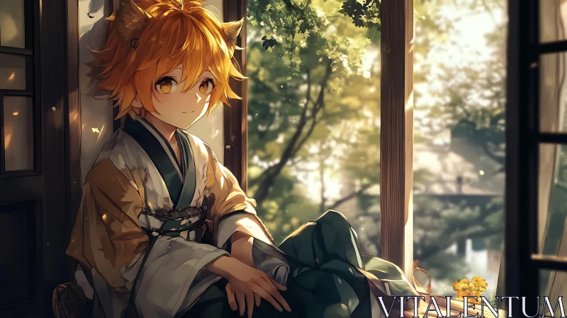 Fox-eared anime youth resting by sunny open window.