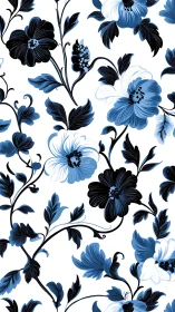 Blue and Black Floral Botanical Pattern with Organic Vine Flourishes.