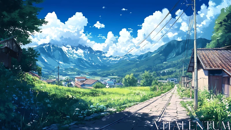 Summer mountain village road under vivid blue sky.