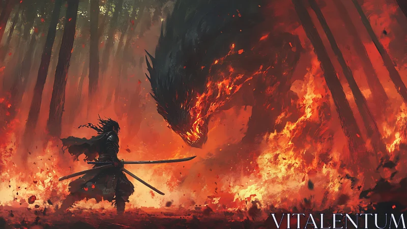 Samurai confronts infernal beast in blazing forest tableau