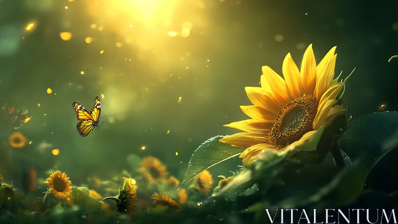 Backlit sunflower field with monarch butterfly in golden bokeh