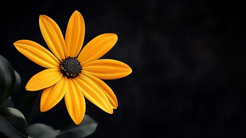 Golden Daisy with Black Disk Center Against Dark Background.
