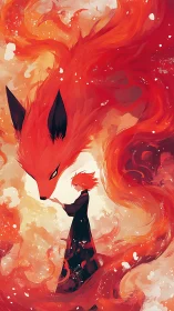Fire spirit fox coils protectively around cloaked figure