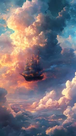 Baroque flying galleon crossing luminous cumulonimbus sky