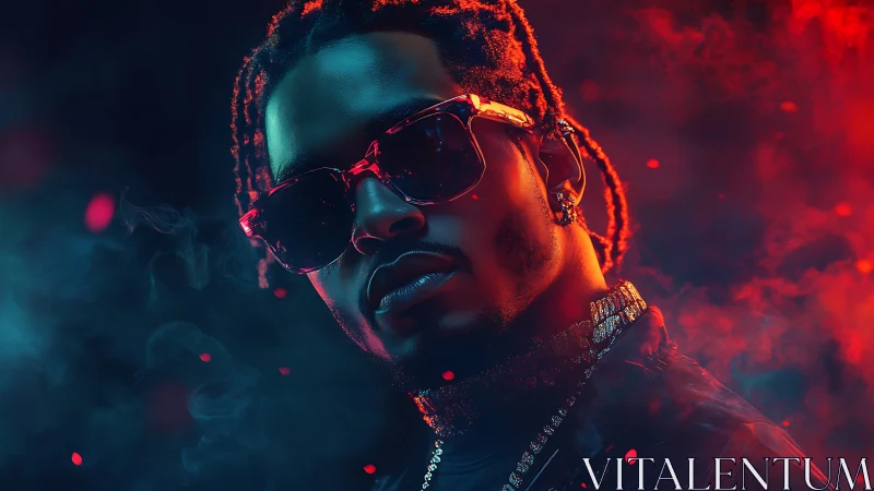 Portrait of man in sunglasses with red and blue lighting.