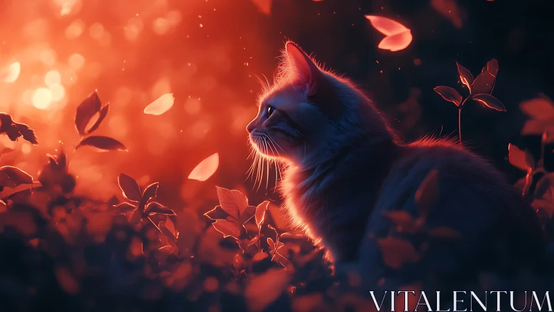 Cat Silhouette Against Fiery Autumn Garden Light