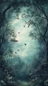 Verdant misty forest corridor frames silhouetted ascending birds