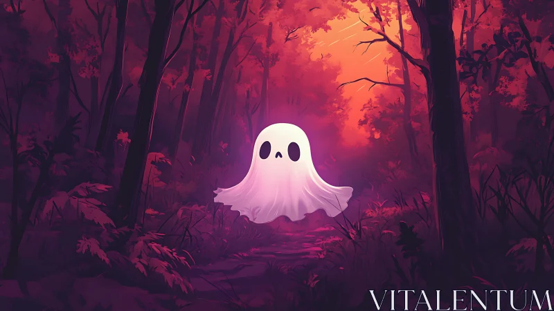Cute ghost drifting through glowing neon forest path.