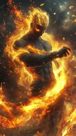 Flaming humanoid figure stands in swirling fire and embers