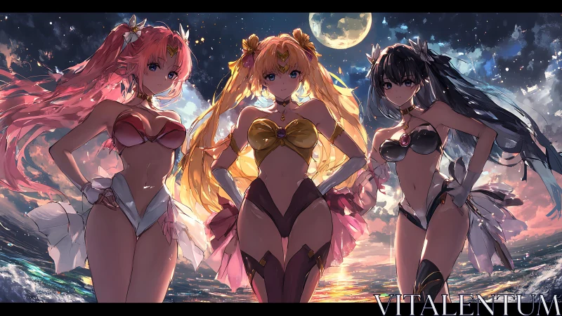 Moonlit anime triad poses over glowing ocean horizon