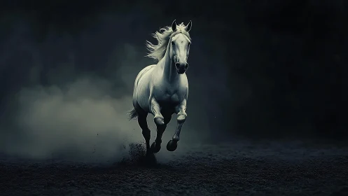 White horse charges forward through dark atmospheric dust