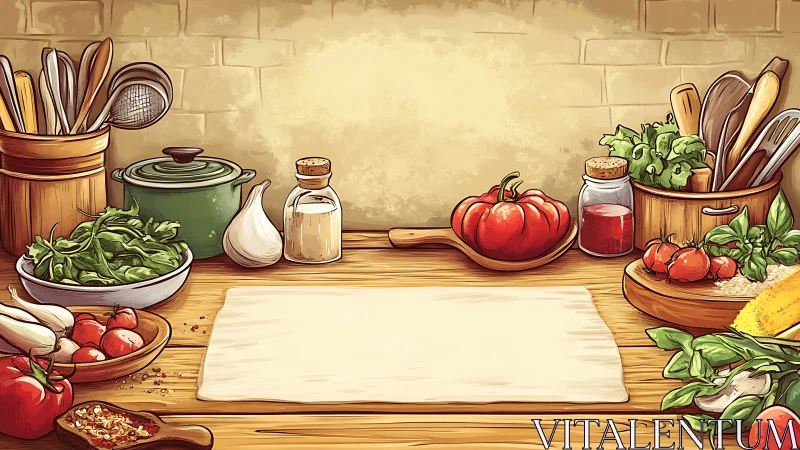 Illustration shows organized kitchen counter with vegetables