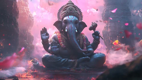 Majestic Ganesha statue glows amid mystical pink clouds.