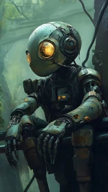 Solitary rusted robot sits in overgrown jungle ruin