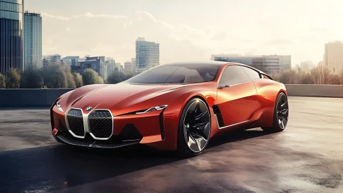 Sleek red sports coupe glows warmly against a modern city skyline