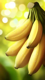 Ripe yellow bananas glow softly against a fresh bokeh light