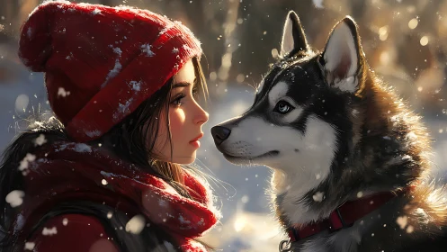 Soft backlit winter portrait pairs girl profile with husky gaze