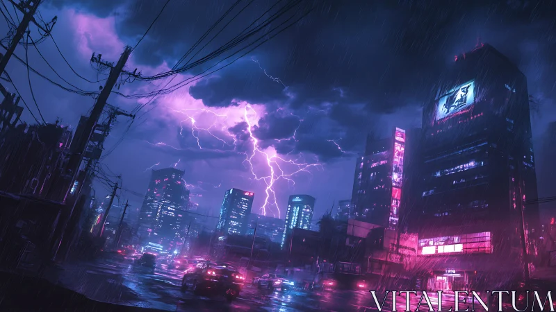 Neon city street ignites under a violent purple lightning storm