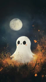 Cartoon ghost stands in autumn grass under bright moon