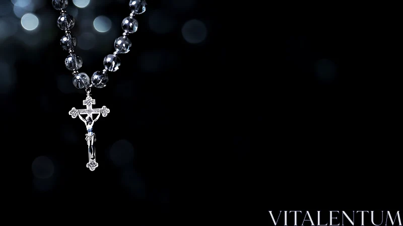 Silver crucifix rosary on black background, side lit.