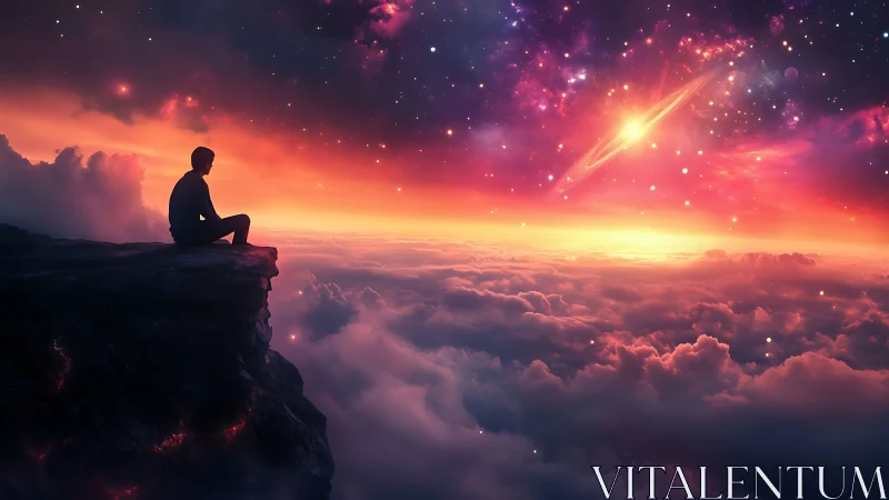 Silhouette watches glowing nebula sky above dense clouds