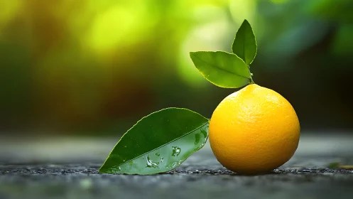 Lemon with green leaves on wet stone in soft sunlight.