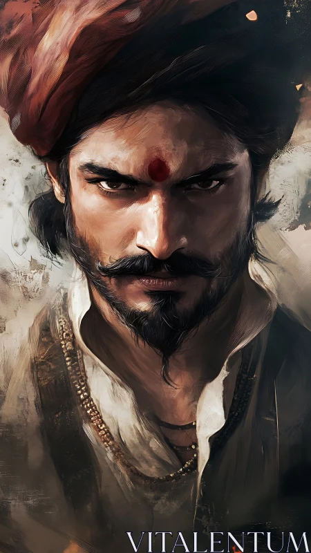 Warrior’s burning gaze carves legend into wind and canvas