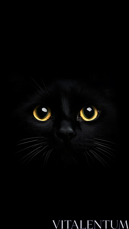Black cat face stares forward with striking golden amber eyes