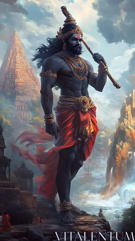 Colossal mythic warrior beside temples and river gorge.