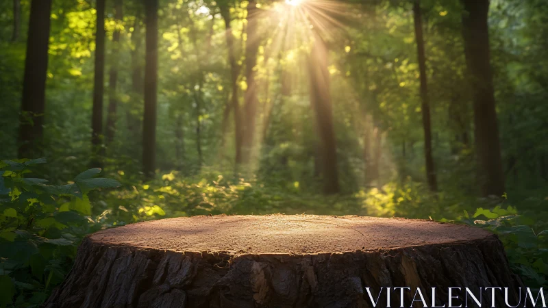 Forest Tree Stump with Volumetric Crepuscular Rays and Ambient Verdure Illumination