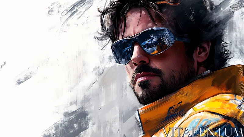 Male figure in reflective visor and orange jacket portrait.