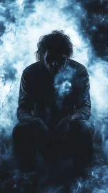 Shadowed drifter exhales ghostlight into stormy blue fog