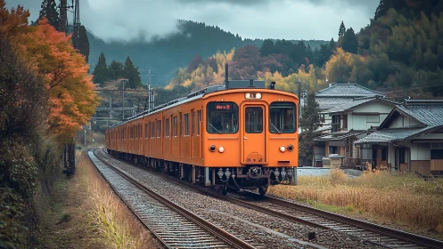 Orange commuter train moves through rural valley settlement