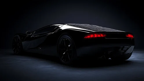 Midnight black supercar under dramatic studio light.