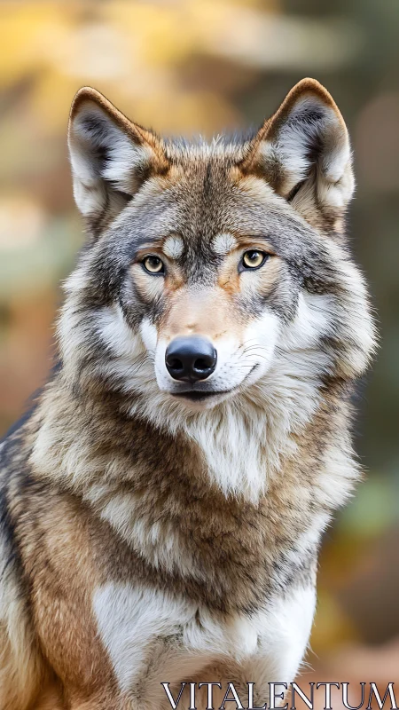 Gentle forest wolf gazing calmly with warm autumn eyes.