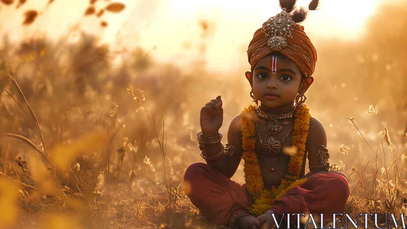Golden hour portrait of ornamented child in shallow depth field